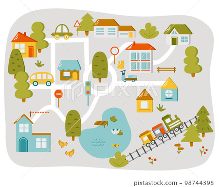Cute town map for kids room. Landscape with lot details. Vector illustration 98744398