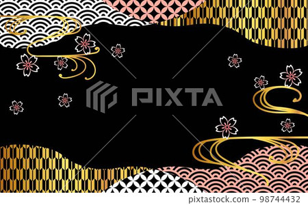 Arrangement of pink, white, and gold Japanese pattern frames, streamlines and cherry blossoms on a black background 98744432