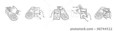 POS terminal for contactless pay. Mobile app for e-payment. Smartphone with online transaction. Paying by NFC function. Wireless NFC payments. POS terminal for contactless pay. Mobile app for e-payment. Smartphone with online transaction. Paying by NFC function. Wireless NFC payments. 98744512