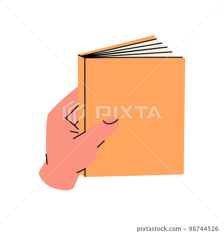 Hand with closed book. Bookstore, library, book shop illustration. Read more. Literature, dictionaries, encyclopedias, planners. Vector illustration Hand with closed book. Bookstore, library, book shop illustration. Read more. Literature, dictionaries, encyclopedias, planners. Vector illustration 98744526