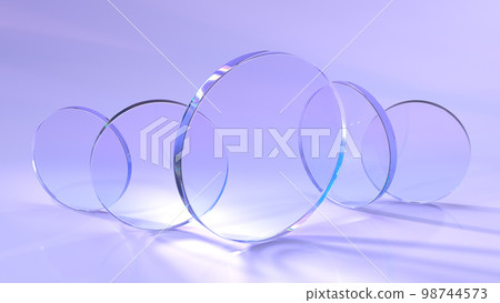 Glass circular disks with rainbow effect of light refraction from prism or crystal 3d render. Clear acrylic plates, round flat panels with lens flare on purple geometric background Glass circular disks with rainbow effect of light refraction from prism or crystal 3d render. Clear acrylic plates, round flat panels with lens flare on purple geometric background 98744573