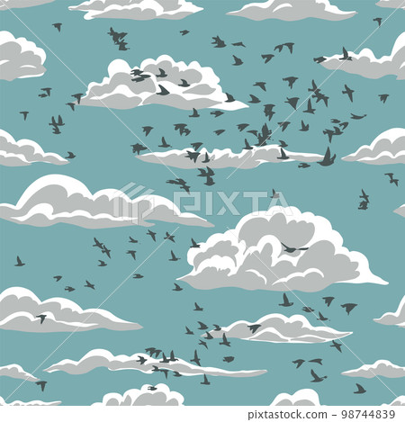 Seamless pattern with clouds and birds. Vintage hand drawn illustration with starlings in the sky. Vector illustration 98744839