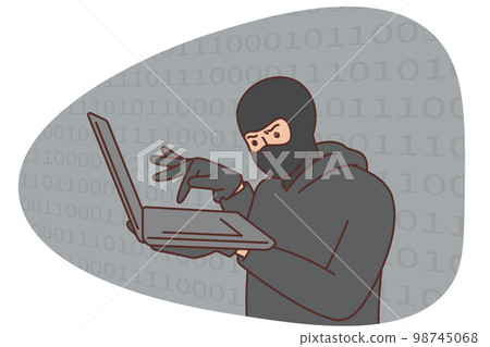 Hacker, cybercriminal with laptop stealing users personal data Hacker, cybercriminal with laptop stealing users personal data 98745068