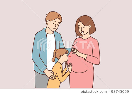 Child kisses belly of pregnant mother. Child kisses belly of pregnant mother. 98745069