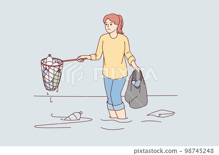 Sad woman cleans ocean of plastic garbage by pulling out bottles using scoop-net. Vector image 98745248