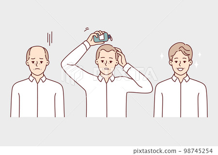 Man using hair growth gel rejoices after seeing good result of cosmetic product. Vector image 98745254