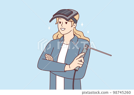 Woman with welding machine and mask protecting eyes stands with arms crossed. Vector image Woman with welding machine and mask protecting eyes stands with arms crossed. Vector image 98745260