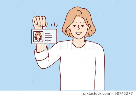 Positive woman shows badge with photo issued for use in office of corporation. Vector image 98745277