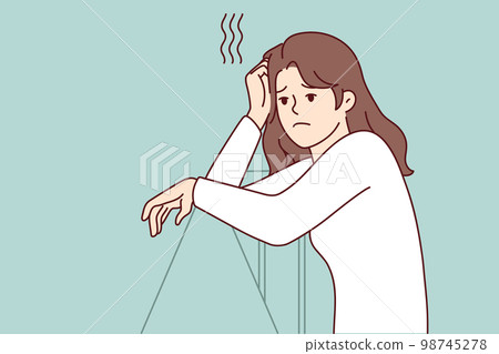Sad woman leans on railing and looks into distance after quarrel with boyfriend. Vector image 98745278