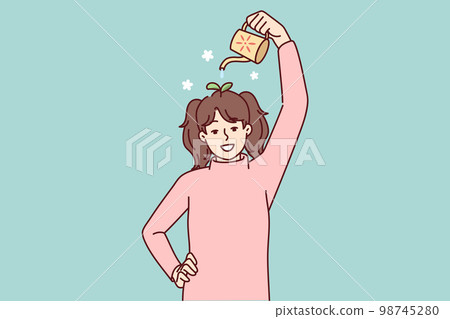 Teenage girl watering plants growing from head symbolizing ideas or self investment. Vector image 98745280