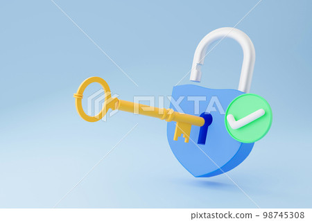 Key with padlock protection shield. Safety and privacy personal data security lock, 3D Rendering illustration. Key with padlock protection shield. Safety and privacy personal data security lock, 3D Rendering illustration. 98745308