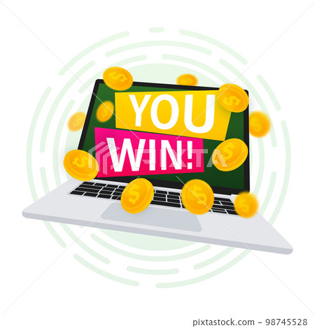 You win vector poster banner design template. Dollar coin on monitor. Vector illustration You win vector poster banner design template. Dollar coin on monitor. Vector illustration 98745528