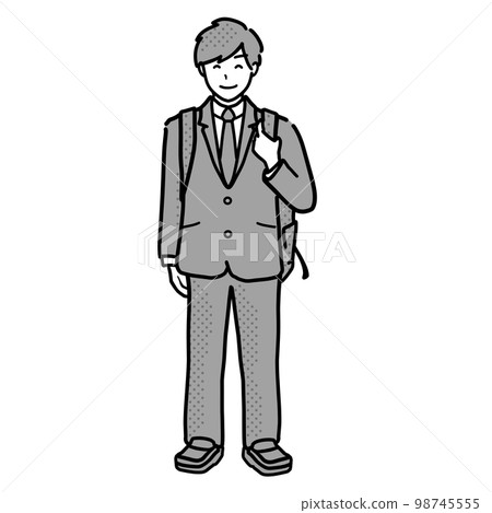Full-body illustration of a high school boy in a blazer uniform who goes to school with a rucksack Gray Full-body illustration of a high school boy in a blazer uniform who goes to school with a rucksack Gray 98745555