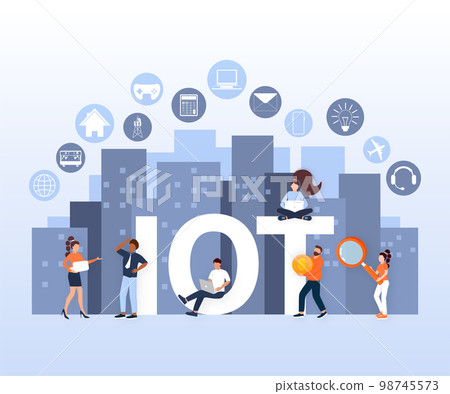 IOT. Internet of things, devices and connectivity concepts on a network, flat style with people. Spider web of network connections. Vector illustrations IOT. Internet of things, devices and connectivity concepts on a network, flat style with people. Spider web of network connections. Vector illustrations 98745573