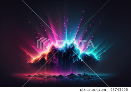 Gradient reflection god rays magic sunset in wonderland landscape neon luminescence drops background. 98745906
