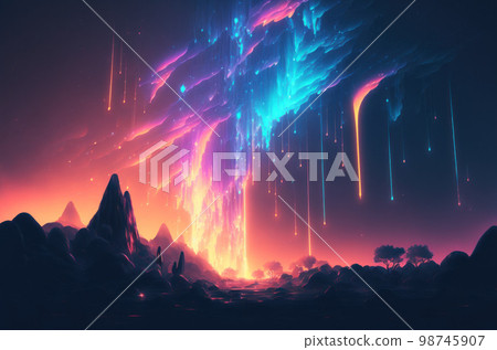 Gradient reflection god rays magic sunset in wonderland landscape neon luminescence drops background. Gradient reflection god rays magic sunset in wonderland landscape neon luminescence drops background. 98745907