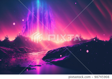 Gradient reflection god rays magic sunset in wonderland landscape neon luminescence drops background. Gradient reflection god rays magic sunset in wonderland landscape neon luminescence drops background. 98745908