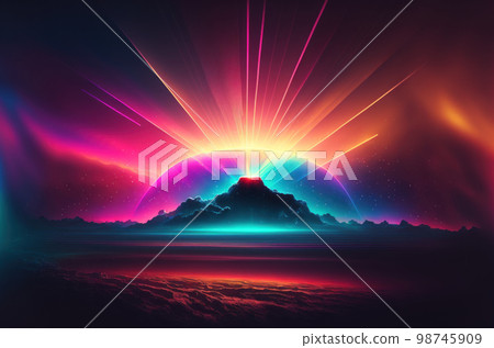 Gradient reflection god rays magic sunset in wonderland landscape neon luminescence drops background. Gradient reflection god rays magic sunset in wonderland landscape neon luminescence drops background. 98745909