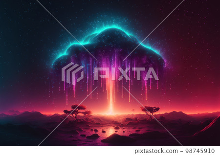 Gradient reflection god rays magic sunset in wonderland landscape neon luminescence drops background. 98745910