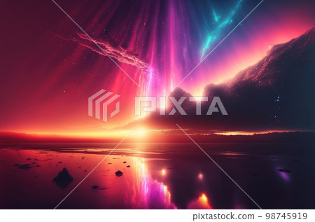 Gradient reflection god rays magic sunset in wonderland landscape neon luminescence drops background. 98745919