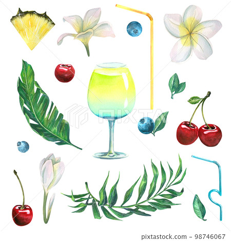 Alcoholic cocktail with cherries, blueberries, pineapple, tropical leaves, plumeria flowers and cocktail tubes. Watercolor illustration. A set from the BEACH BAR collection. For decoration and design. 98746067