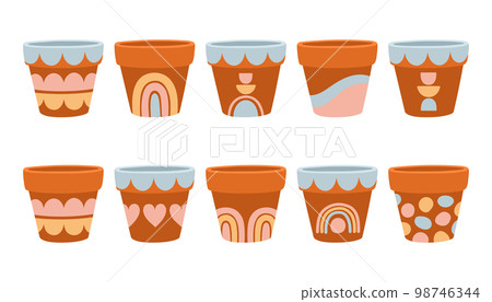 Empty flower pots set vector design illustration isolated on white, different painted terracotta pots Empty flower pots set vector design illustration isolated on white, different painted terracotta pots 98746344