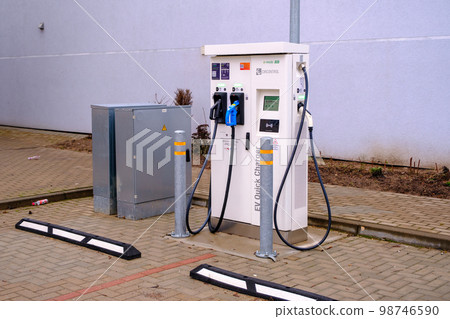 Valmiera, Latvia - January 18 2023: The electric charging station for electric vehicles. An electric car charging 98746590