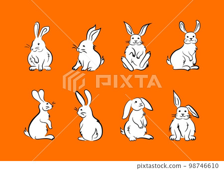 Funny cute white rabbits, doodle image set Funny cute white rabbits, doodle image set 98746610
