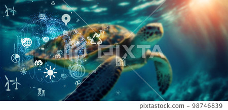 Environmental image of sea turtles swimming in the ocean Horizontal visuals for banners and advertisements 98746839