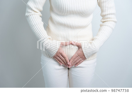 Woman having Stomach pain. Ovarian and Cervical cancer, Cervix disorder, Endometriosis, Hysterectomy, Uterine fibroids, Reproductive system, menstruation, diarrhea and Pregnancy concept 98747738