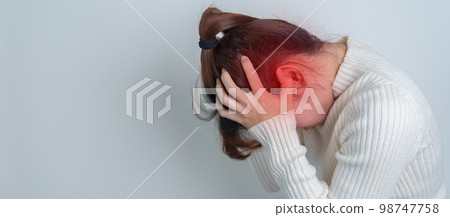 Woman having headache. stressed, Migraine, World Brain Tumor day, Brain Stroke, Dementia, alzheimer, parkinson and world mental health concept Woman having headache. stressed, Migraine, World Brain Tumor day, Brain Stroke, Dementia, alzheimer, parkinson and world mental health concept 98747758