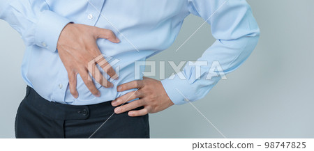 man having back pain. Urinary system and Stones, Cancer, world kidney day, Chronic kidney stomach, liver pain and pancreas concept 98747825