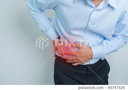 man having back pain. Urinary system and Stones, Cancer, world kidney day, Chronic kidney stomach, liver pain and pancreas concept 98747826