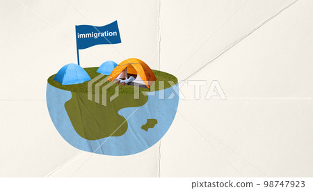 Conceptual design. Girl sleeping inside tent on planet symbolizing global moving activity. New life, opportunities, changes Conceptual design. Girl sleeping inside tent on planet symbolizing global moving activity. New life, opportunities, changes 98747923