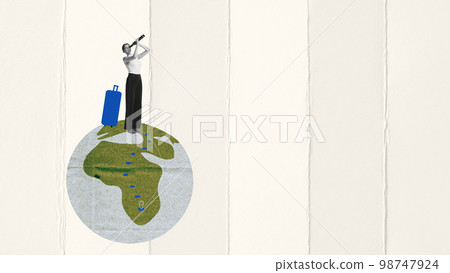 Conceptual design. Young girl standing on planet with suitcase and looking in spyglass. Global moving activity, leaving plant for new life Conceptual design. Young girl standing on planet with suitcase and looking in spyglass. Global moving activity, leaving plant for new life 98747924