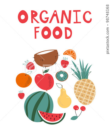 Fruit card text Organic food restaurant and support farmers market concept. Tropical Design with Exotic Fruits for Fabric, T-shirt, Posters, Covers. Vector illustration EPS 98748168