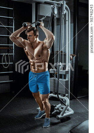 Sexy muscular man posing in gym, shaped abdominal. Strong male naked torso abs, working out Sexy muscular man posing in gym, shaped abdominal. Strong male naked torso abs, working out 98748243