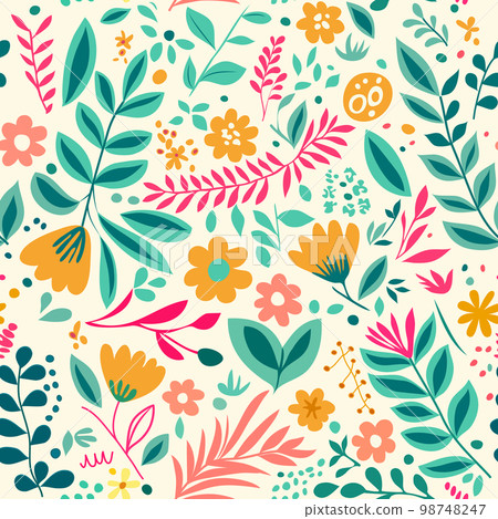 Seamless floral pattern. Hand drawn flowers and plants. Botanic elements. Collection garden and wild foliage, flowers, branches Seamless floral pattern. Hand drawn flowers and plants. Botanic elements. Collection garden and wild foliage, flowers, branches 98748247