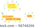 Abstract advertising inscriptions in red, orange and yellow colors with various icons. 98748266
