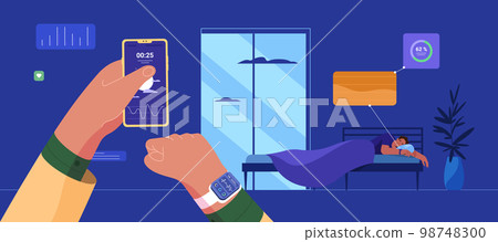 Flat man sleeping in bed with smartwatch for sleep tracker 98748300