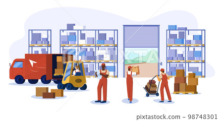 Flat warehouse logistics interior with workers, forklift, lift truck and boxes Flat warehouse logistics interior with workers, forklift, lift truck and boxes 98748301