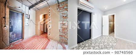 Comparison of old flat with underfloor heating pipes and new renovated apartment with modern interior design. Hallway with heated floor before and after renovation. 98748560