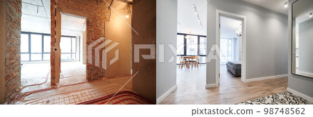 Living room and bedroom with large windows and doors before and after refurbishment or restoration. Old apartment before renovation and new renovated flat with parquet floor and furniture. 98748562