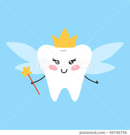 Tooth Fairy. Vector illustration. Tooth fairy in the form of a tooth. Tooth character in kawaii style. Flat cartoon style. 98748756