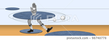 Contemporary art collage. Creative surreal design. Male legs dancing with abstract flat sphere. Force of gravity 98748778