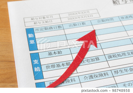 Salary statement and rising arrow Basic salary Salary statement upward Rise Salary increase 98748938
