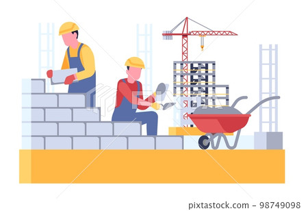 Workers build brickwork by laying bricks. House building. Bricklaying wall. Bricklayers work. Men with trowel and wheelbarrow. Mason in uniform. Construction industry. Vector concept 98749098