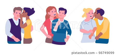 Women and men whispering gossip or secret rumors to each other. People retelling news. Persons communication. Privacy conversation. Friends secrecy talk. Vector gossiping couples set Women and men whispering gossip or secret rumors to each other. People retelling news. Persons communication. Privacy conversation. Friends secrecy talk. Vector gossiping couples set 98749099