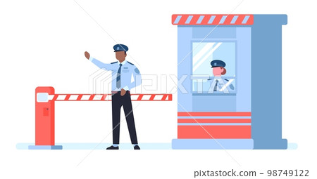 Security post with guards and barrier guarding entrance to restricted areas. Boundary gate protection. Checkpoint secure workers. Roadblock with barricade and booth. Vector concept Security post with guards and barrier guarding entrance to restricted areas. Boundary gate protection. Checkpoint secure workers. Roadblock with barricade and booth. Vector concept 98749122