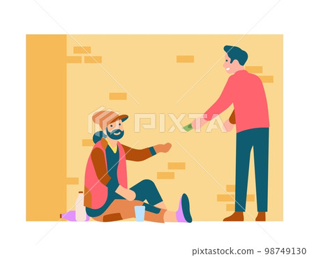 Rich man gives money to unemployed beggar. Person sharing cash with homeless. Charity donation. Financial crisis. Panhandler asking alms. Refugee begging dollar banknote. Vector concept 98749130
